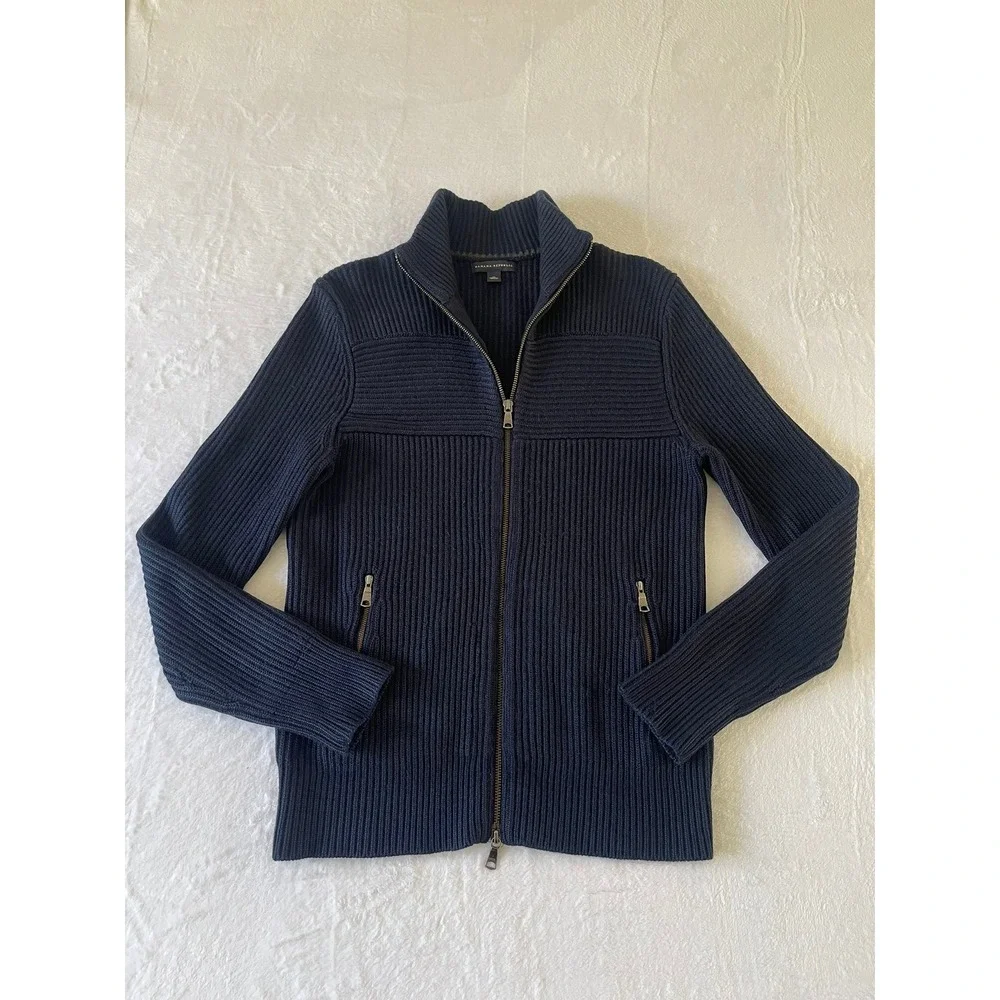 Banana Republic Mens M Wool Blend Ribbed Full Zip Sweater Jacket Navy Blue